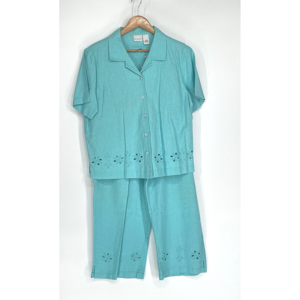 Kim Rogers Womens Set L 2pc Turquoise Linen Blend Eyelet Floral Cutout